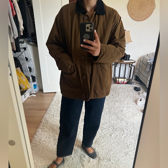 Women’s winter dark brown Barn Jacket with corduroy Black Collar - Picture 3 of 13